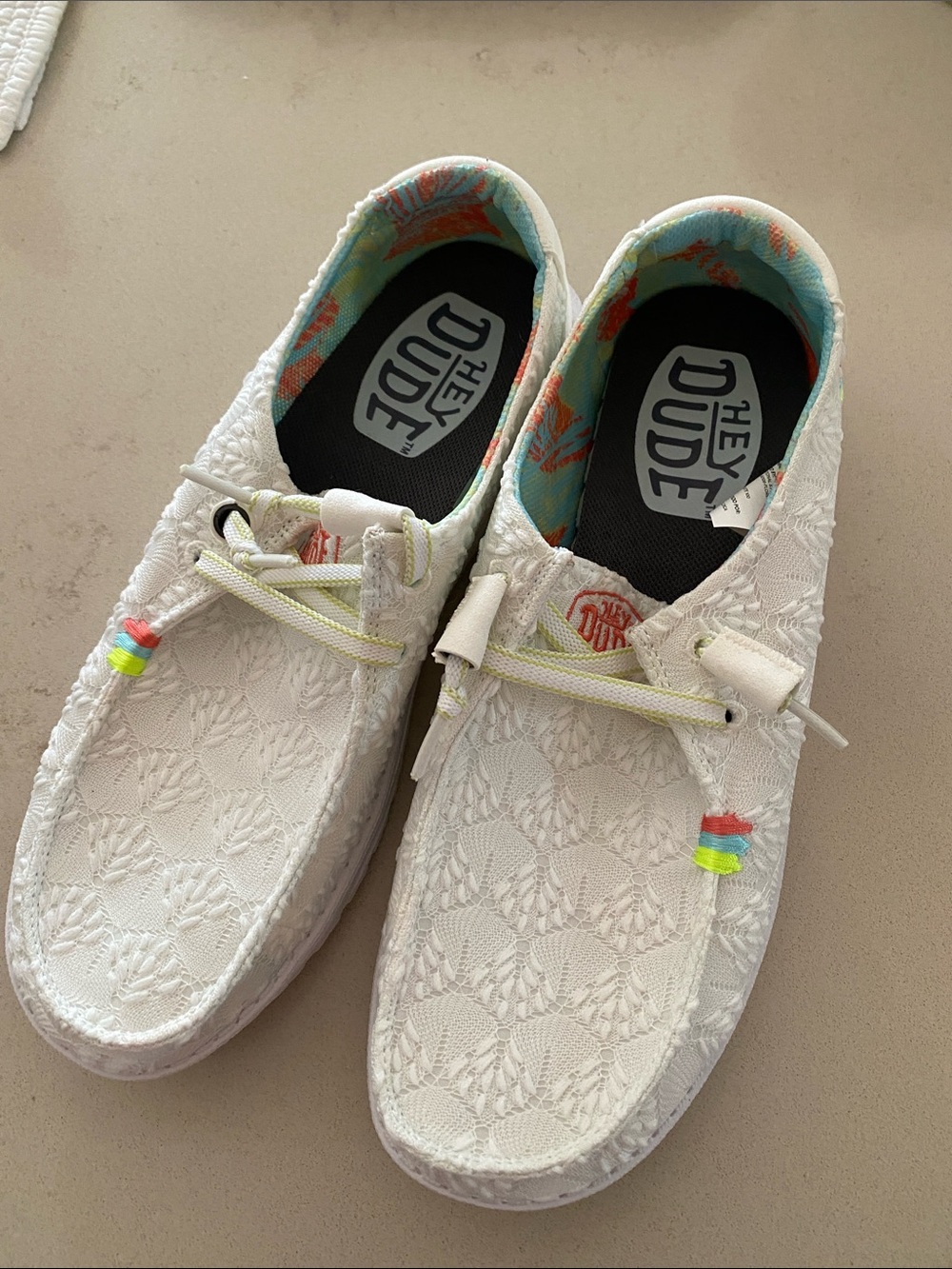 Hey Dude White Lace Slip-On Shoes with Multicolor Accents